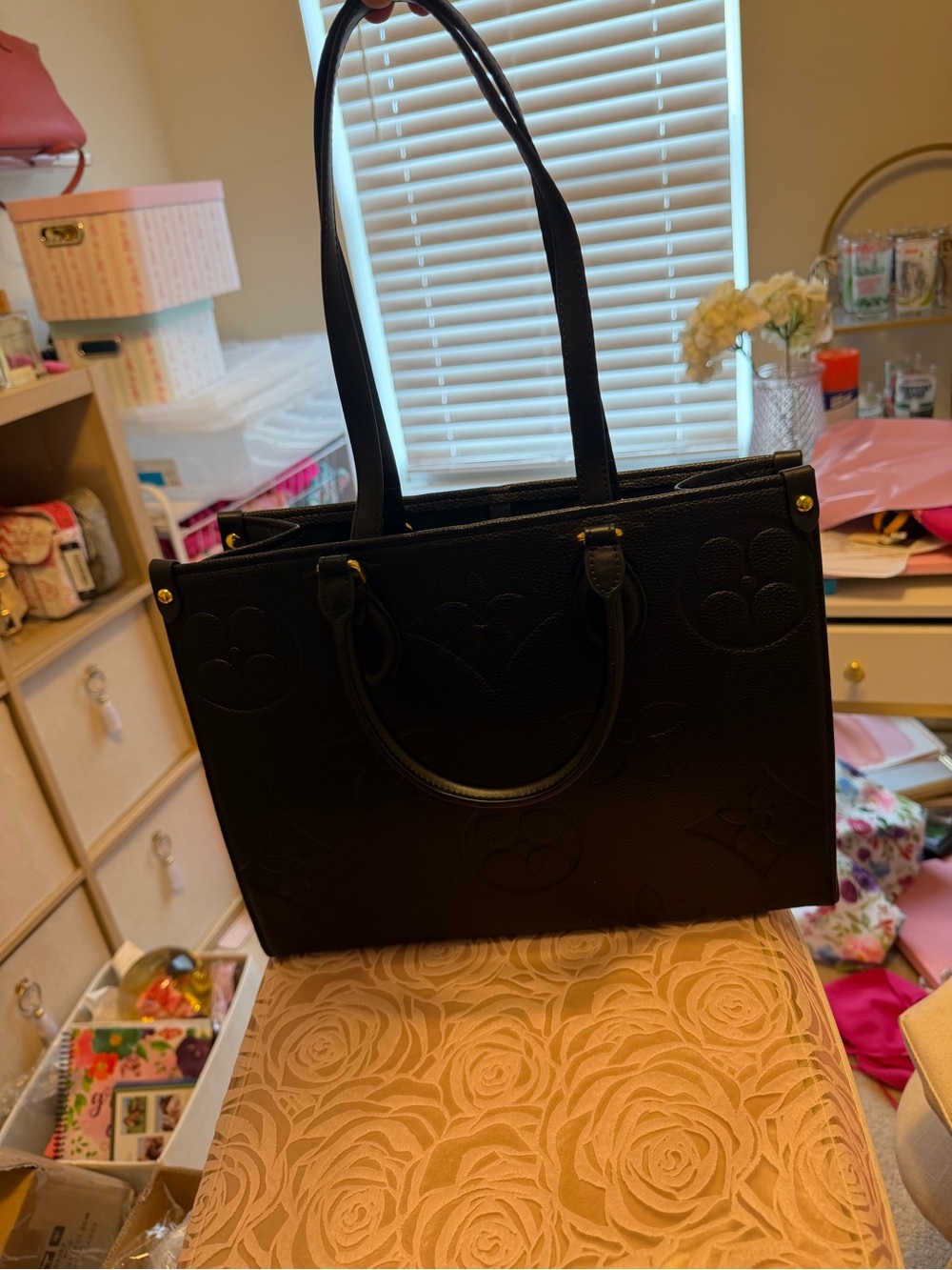 Black Leather Tote Bag with Embossed Pattern - Luxury-Inspired Women’s Handbag